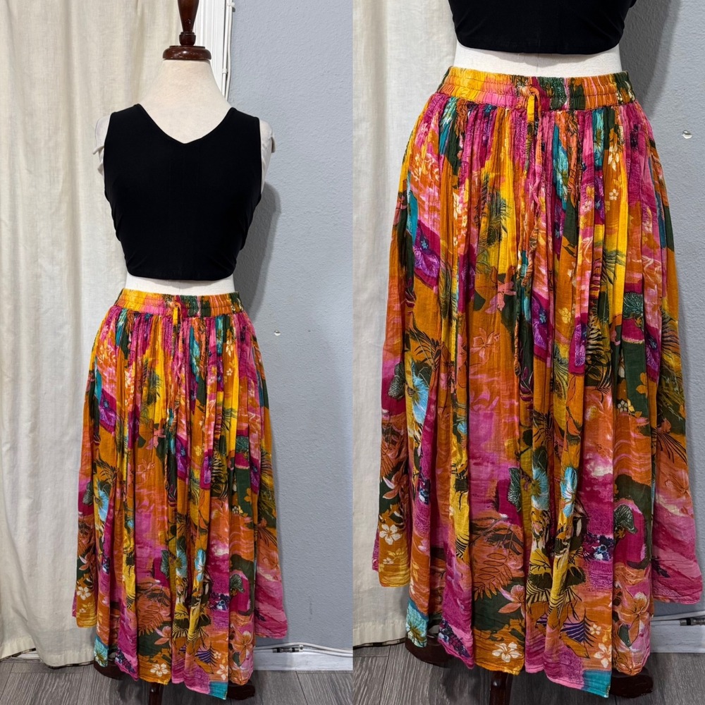 Silver Stream Petite‎ Tropical Floral Maxi Skirt Size S Elastic Waist Drawstring